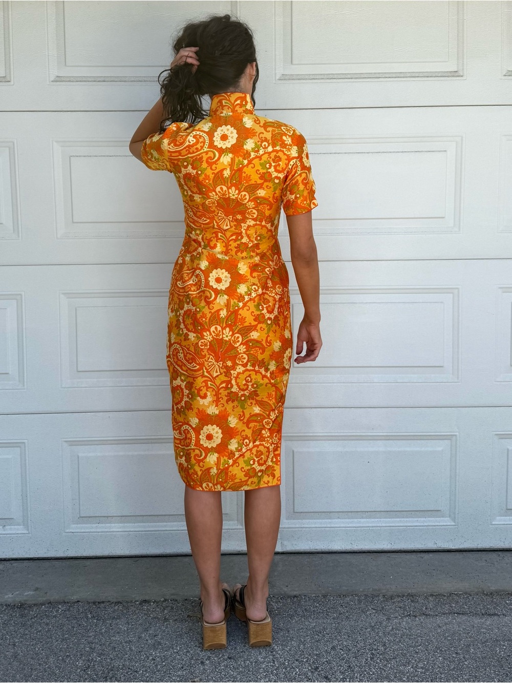 Vintage 60s Orange Raw Silk Floral Midi Dress Cheongsam with Jacket - Picture 9 of 17